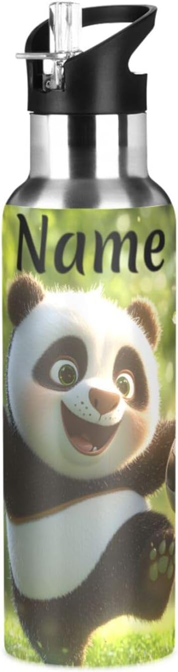 Custom Name Panda Playing Football Water Bottle with Straw Lid Kids Insulated Stainless Steel Water Flask Sports, 20 Oz Hot Cold