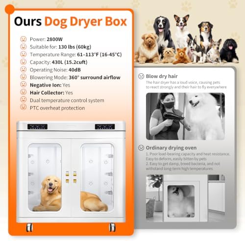 Pet Dryer Box 15.2 cu ft for Large Dogs, 2800W Quiet <45dB with Ion Care | pet dryer box large dog grooming cabinet 15.2 cu ft 2800W quiet ion care 130 lbs 430L