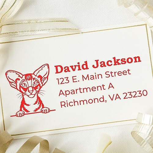 Peeking Oriental Shorthair Cat Address Rubber Stamp, Uses Stamp Pad, Gift for Cat Lover, Rectangular Design, Size 7/8" x 2-1/4"