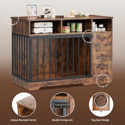 IDEALHOUSE 48'' Dog Crate Furniture with Bowl & Storage Drawers, Farmhouse Heavy Duty Dog Kennel Table for Small Medium Dogs, Indoor Wooden Dog Cage for Living Room, Entryway, Retro Brown