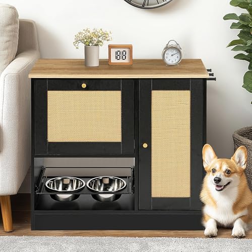 Pet Feeding Station with Elevated Bowls, Hidden Pull Out Drawer, Rattan Door, Side Hooks, Anti Tipping Kit, Adjustable Shelves, Storage Locker for Dog Food Toys Leash Supplies