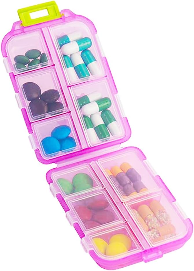 Travel Pill Organizer, Moisture Proof Daily Medicine Dispenser Box | Small Weekly Vitamin Pill Case for Supplement, Fish Oil, Meds, Pocket Pharmacy Cute Capsule Container 10 Compartments, Pink