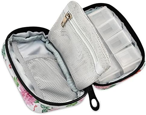 Hydrangea Flower Flamingo Pill Box 7 Day Pill Case Travel Pill Organizer Bag with Zipper Portable Weekly Case Compact Size for Vitamin Supplement Holder