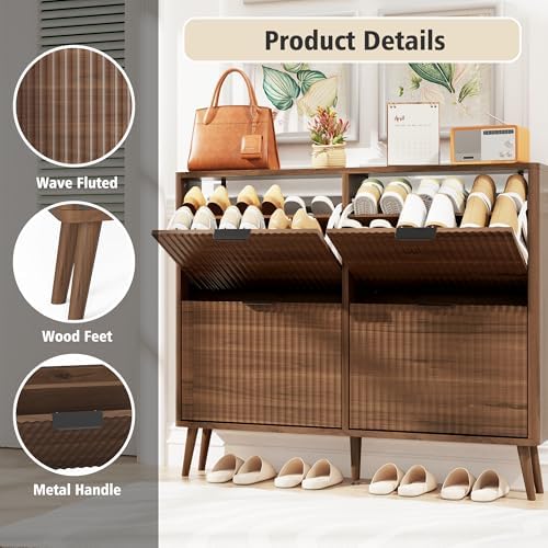 KIGOTY Narrow Shoe Storage Cabinet, Shoe Cabinet with 4 Flip Drawers, Freestanding Shoe Organizer with Legs for Entryway, Slim Shoe Rack Cabinet for Enterway (Walnut, 4 Flip Drawer)