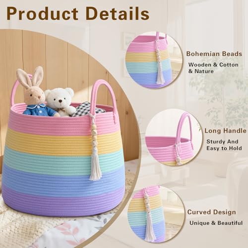 Large Nursery Hamper, 60L Blanket Basket with Handle, Baby Laundry Basket for Gift, Toy, Clothes, Woven Storage Basket with Wooden Bead Decor, Baby Hamper for Nursery(Rainbow)