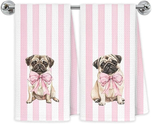 Pink Coquette Pug Kitchen Towels, Pug Lover Gifts Dish Tea Towels for Kitchen Decor, Preppy Girly Dog Pink Striped Decorative Hand Towel Bathroom Decor, 16x24 Inch Set of 2