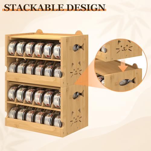 ETELI Cat Food Can Organizer for Pantry 2 Tier Stackable Cat Food Storage Container Adjustable Can Dispenser Rack Holds 36 (3oz) Cans for Kitchen Countertop Cabinet