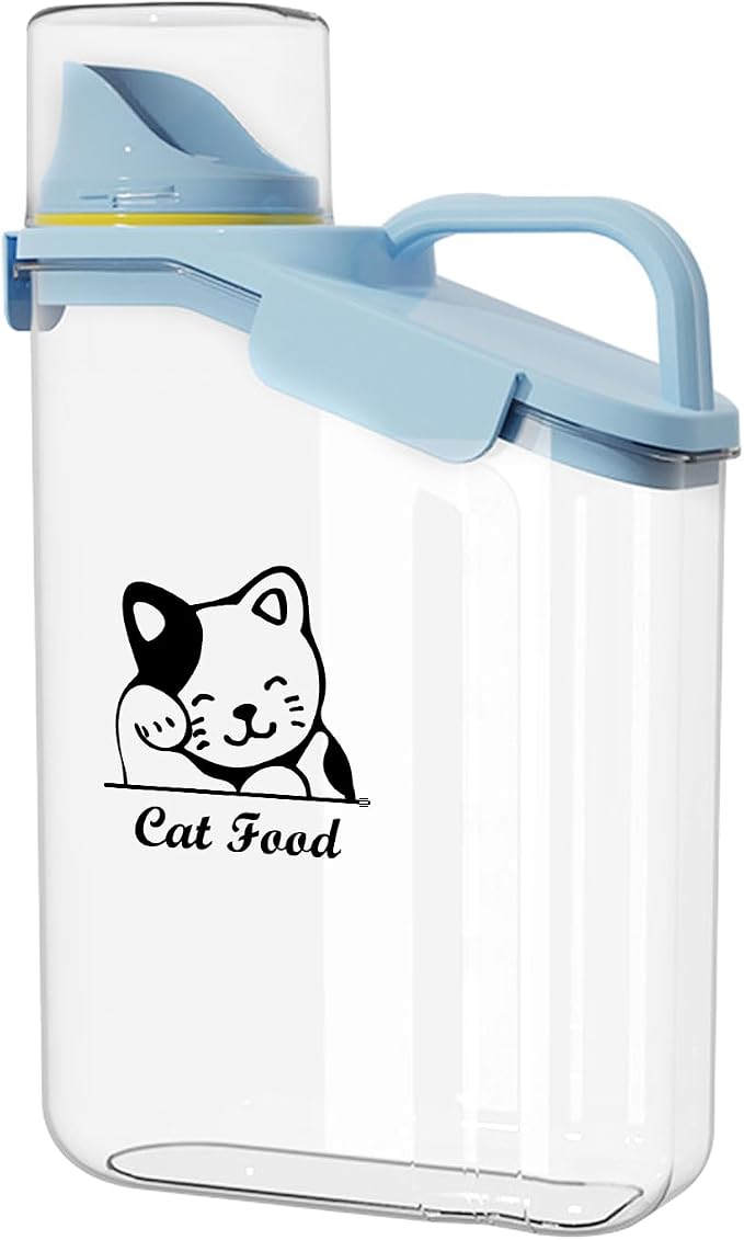 Cat Food Storage Container Airtight |3 Qt/2.8 L Clear Plastic Cat Puppy Food Treats Container with Measuring Cup|Hold up to 3.8lbs Pet Food|Portable Food Containers for Travel|BPA Free-Blue