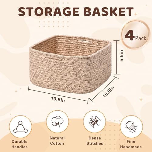 Storage Baskets for Shelves, 4 Pack Shallow Basket
