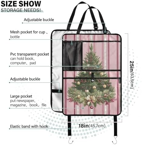 2 Pack Back Seat Car Organizer with Storage Pockets Kick Mats Back Seat Protector Hanging Car Organizer Automotive Seat Back Cover Organizers Cute Pink Striped Christmas Tree