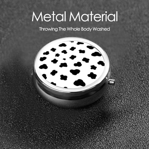 Compact Pill Container, Round Mini Box with Mirror, Travel Organizer for Supplements, Pocket Purse Holder for Daily Routine, Black and White Animal Cow Print