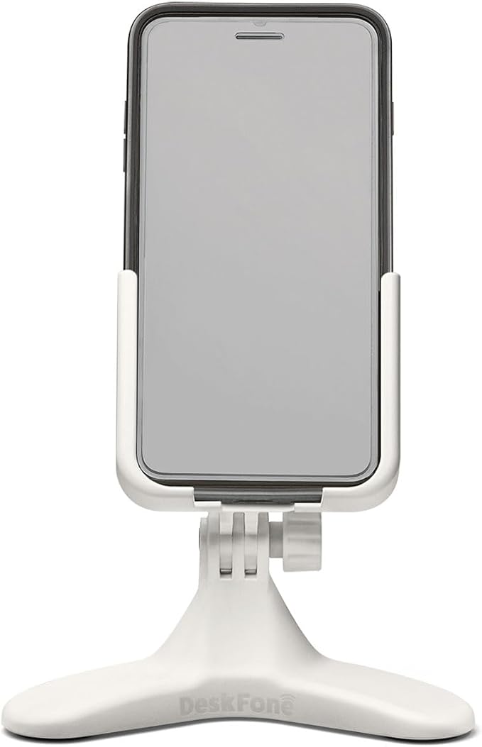 WeatherTech DeskFone in White - Adjustable, Universal Cell Phone Holder Mount Stand for Desk, Counter, Table - Tripod Design for iPhone & Smartphone Charging - Silver Metal Knobs