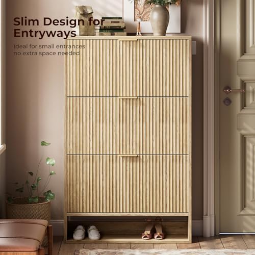 Evermagin 31.5''W Oak Shoe Cabinet Storage for Entryway, Fluted Slim Shoe Dresser with 3 Flip Drawers, Narrow Shoe Rack Cabinet, Hidden Shoe Organizer Cabinet for Entrance, Hallway