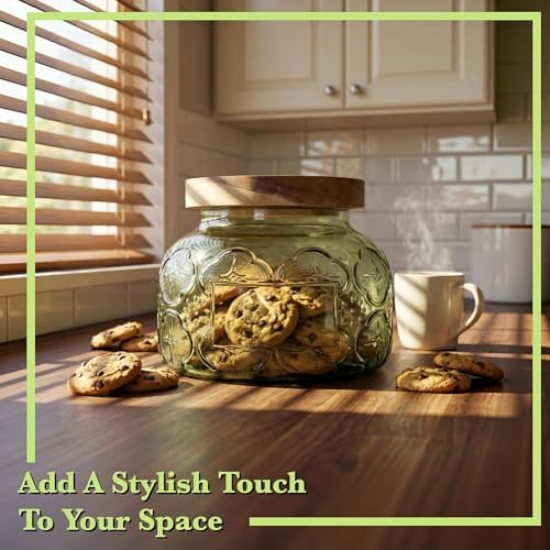 Decorative Green Embossed Glass Jar with Airtight Wooden Lid, 25.4 fl. oz | Wide mouth vintage storage canister, kitchen pantry bathroom organization, coffee sugar tea cookie candy candle vase gift