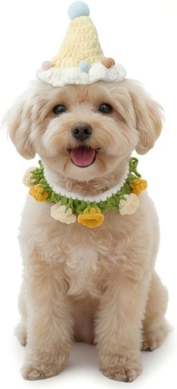 Handmade Knit Cat Outfit – Adjustable Birthday Hat & Floral Wreath Dog Costume for Dogs and Cats, Cute Photo Cat Costume for Party, Holiday, Daily Wear