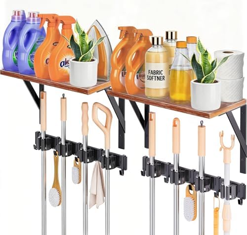 2Pack Broom Holder with Organizer Shelf 8 Broom Slots 10 Removable Hooks | Space-Saving Broom and Mop Organizer Wall Hanging , Laundry Room Shelves for Laundry Room Garage Garden Closet
