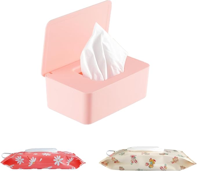 Wipes Dispenser Set,1 Wipe Box & 2 Portable Pouches,Pink | Refillable Reusable Large Wet Wipe Holder, Flushable Wipes Case Bathroom Wipes Container for Pet Nursery Kitchen Office