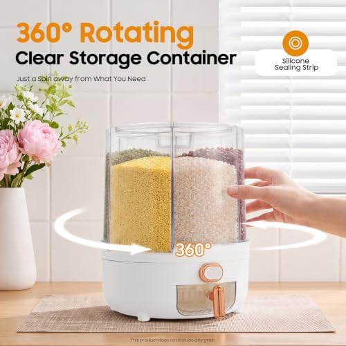 360° Rotating 6 Grid Rice & Cereal Dispenser, Dry Grain Storage Organizer | Rice Storage Container with Independent Drawer and Lid, Dry Food Dispenser for Store Rice&Various Beans, 14.33lbs Capacity