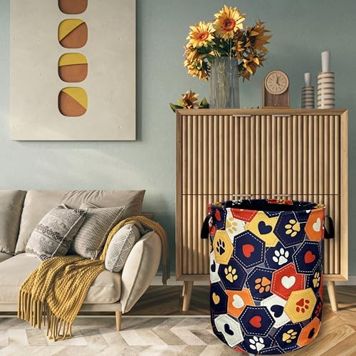 Colorful Dog Paws Hearts Laundry Basket Foldable Hamper 18.9"x16.5"