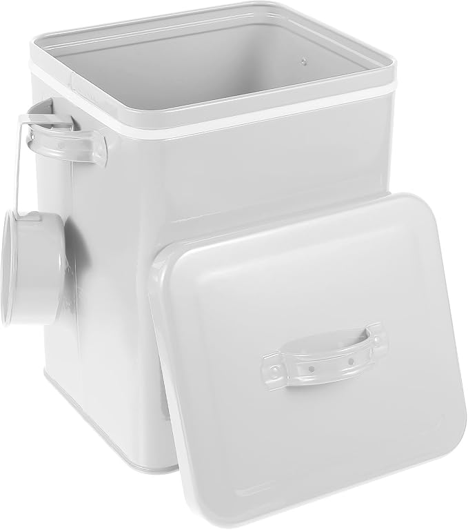 Amosfun Metal Food Storage Bucket with Lid 9.05X7.28X6.49 in Iron Canister for Laundry Powder Dog Treats Dry Food Pantry Cabinet Storage Kitchen Countertop Organizer