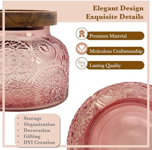 Decorative Pink Embossed Glass Jar with Airtight Wooden Lid, 25.4 fl. oz | Wide mouth vintage storage canister, kitchen pantry bathroom organization, coffee sugar tea cookie candy candle vase gift