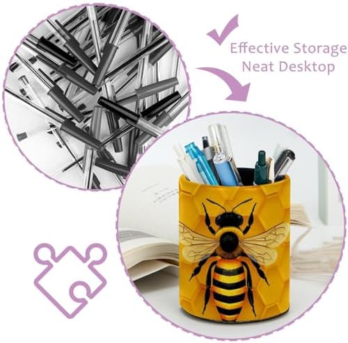 Faux Leather Pen Holder for Desk, Pencil Organizer Bee Pen Cup Desk Decor Makeup Brush Holder Storage for Office Home