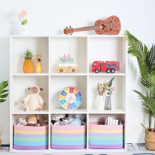 MINTWOOD Design 3-Pack Storage Baskets and Cube Bins for Shelves, Playroom and Classroom, Decorative Woven Closet Organizers for Books, Shoes, and Pantry Items, Pastel Rainbow