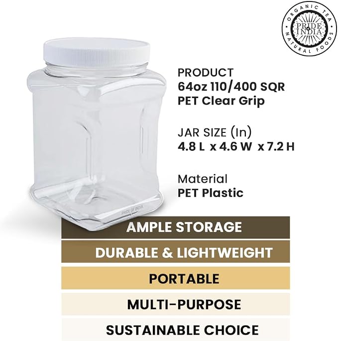 Pride Of India Clear Food Grade PET Plastic Square Grip Storage Jar w/Cap - 64 Fluid Ounces - 6-Jar Pack (7-8 Cup Storage Capacity)