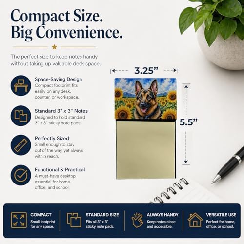 Caroline's Treasures German Shepherd in Sunflowers Watercolor Sticky Note Holder Refillable Dispenser Desk Accessory 3x3 Pad Gift