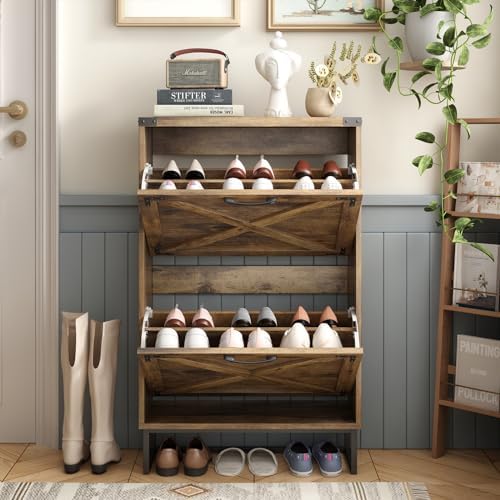 Maupvit 24" W Farmhouse Shoe Cabinet Storage for Entryway, Freestanding Organizer with 2 Flip Drawers, Narrow Shoe Rack Cabinet with Metal Corner Decoration, Rustic Brown