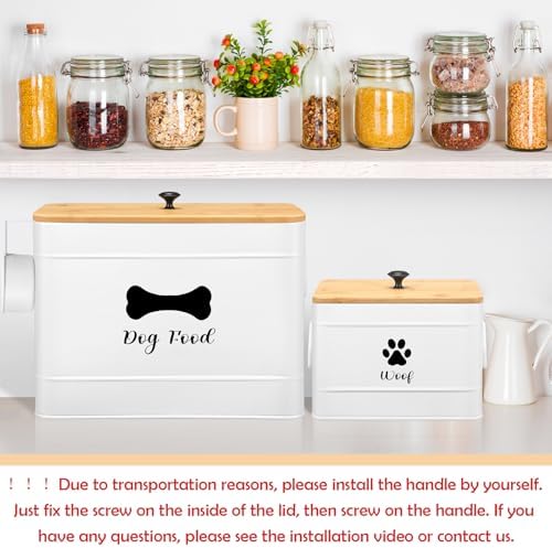 Newtay 2Pcs Extra Large Metal Dog Food Containers Airtight 12 & 3.5 Lbs Dog Treat Snack Jars Set of 2 with Bamboo Lids and Spoons Farmhouse Big Pet Cookie Storage Jars for Kitchen Counter Gift (White)