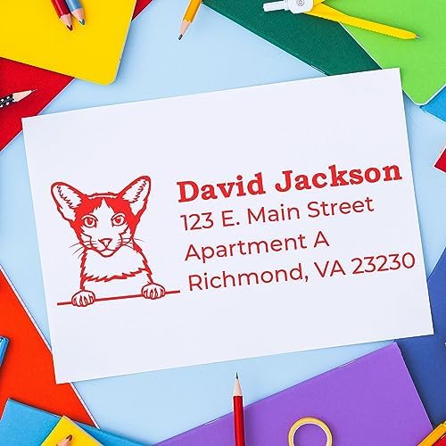 Peeking Oriental Bicolor Cat Wood Handle Address Stamp - Custom Stamp | Any standard pad works. Custom Made Return Address Stamp for Thank You Notes. Address Stamp for Oriental Bicolor Cat Moms.