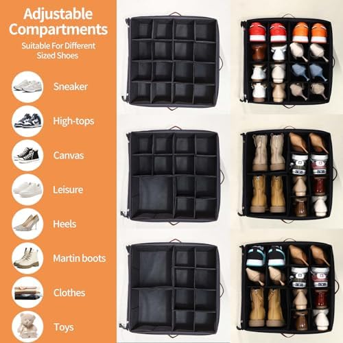 INSTY 2 Pack Shoe Organizer for Closet, Fits up to 32 Pairs, Adjustable Dividers for Shoe Storage, Fabric Shoe Storage Bins with Clear Cover, Black
