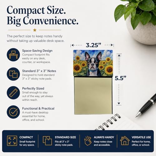 Caroline's Treasures Boston Terrier in Sunflowers Watercolor Sticky Note Holder Refillable Dispenser Desk Accessory 3x3 Pad Gift