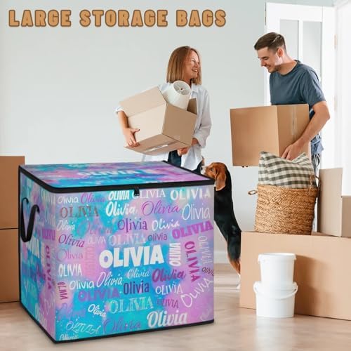 Custom Name Large Storage Bin with Lid, Personalized Storage Basket with Zippers for Organizing Comforters, Blankets, Bedding Closet Shelf Baskets, Watercolor Blue and Pink Galaxy Background