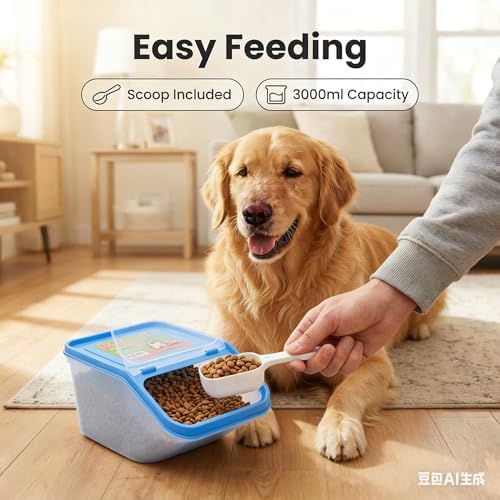 3-Pack Airtight Pet Food Storage Container Set, 3000ML Small Dog Cat Food Bin with Scoop, 10" x 6.7" Clear Kibble Container with Sealing Ring, Moisture-Proof Treat Organizer - Blue, Pink, Grey