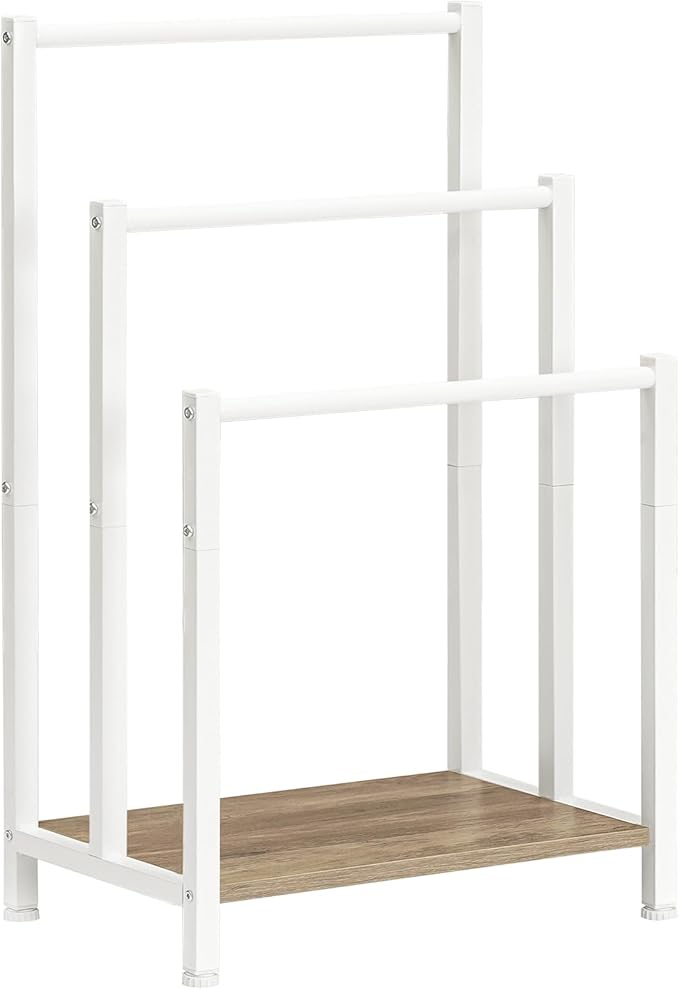 HOOBRO Free Standing Towel Rack, 3 Tier Blanket Rack, Blanket Holder for Bathroom, 16.9" L x 11" W x 31.9" H, Industrial Metal Drying and Display Rack with Shelf, White and Grey WG03LB01