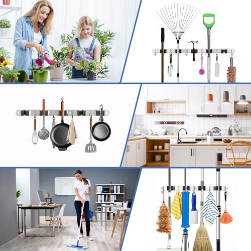 Broom Holder Wall Mounted With 5 Holders And 4 Hooks With Nails Installation Utility Room Storage Stainless Steel Broom Storage Organiser for Garage Kitchen Laundry Bathroom