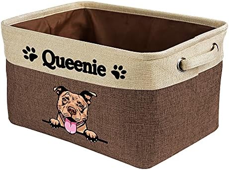 Custom Storage Basket with Lovely Dog Pit Bull Collapsible Sturdy Fabric Pet Toys Fabric Dog Toy Storage Bin Cube with Handles for Organizing, Brown and White