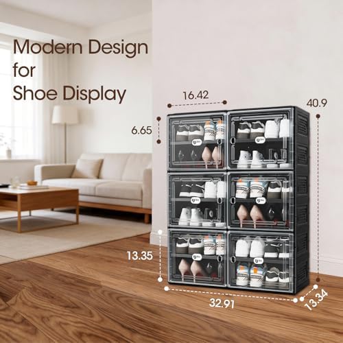 Black Shoe Storage Cabinet for 24 Pairs with Magnetic Clear Doors | Tool-free Assembly, Foldable Shoe Rack, Reinforecd Structure, Anti-Tiping, Furniture for Shoe Organizer, Closet, Garage