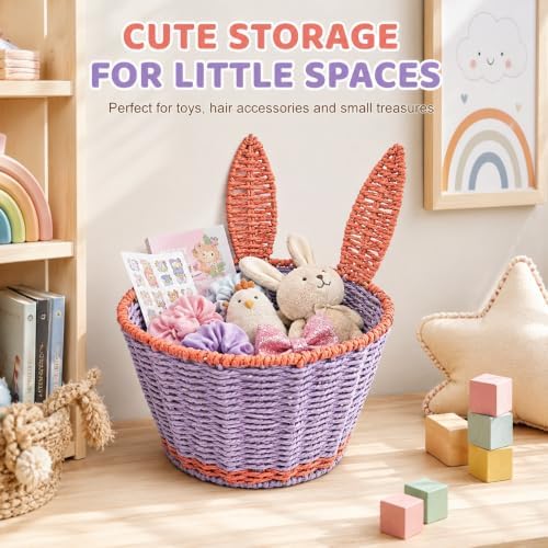 Bunny Boho Decor Storage Basket,Handmade Paper Rope Basket,Small | 100% Handmade Decor Bin,2 Color Blocking,Create An Organized Life,for Toilet Paper,Living Room,Table,Bedside,Pet Organizing