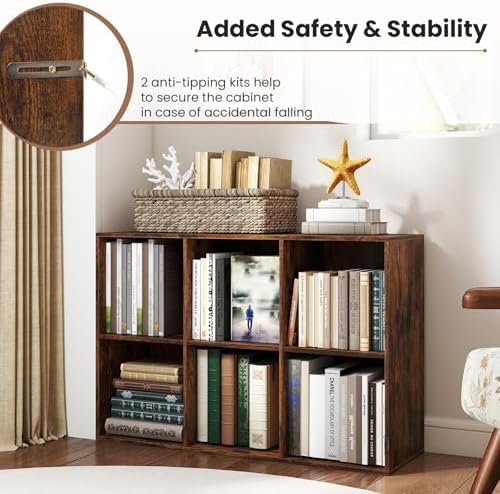 Giantex 6-Cube Bookcase, 3-Tier Cubby Bookshelf, Horizontal Vertical Display Rack with Anti-Tipping Kits, Modern Storage Organizer Shelf Unit for Living Room, Home Office, Rustic Brown | Horizontal Vertical Display Rack with Anti-Tipping Kits, Modern S...
