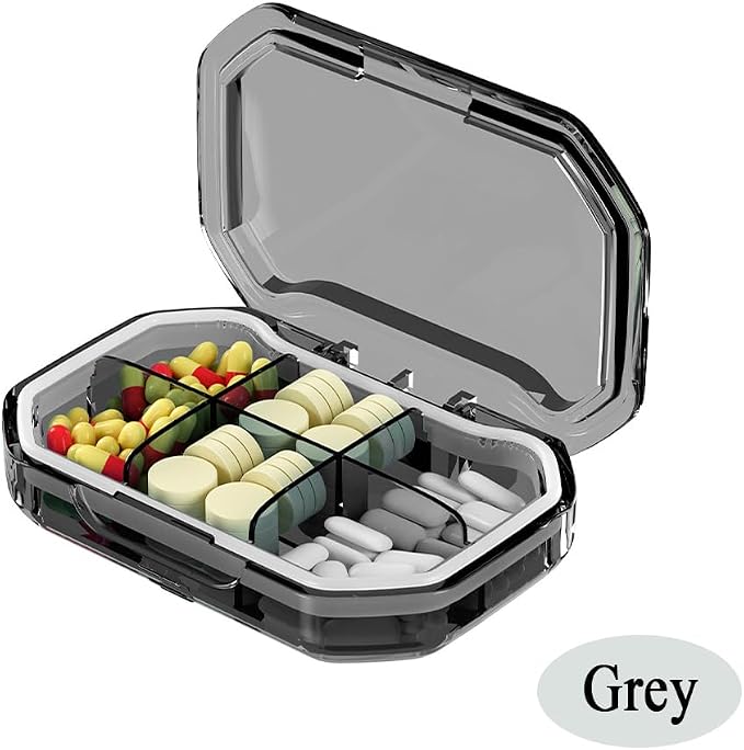Weekly Pill Box Organizer, Small Size Daily Pill Case Dispenser | Travel Cute Medicine Planner Holder for Vitamins, Medication, Supplements, Fish Oil, Pastillas, Meds Reminder Keeper, Grey