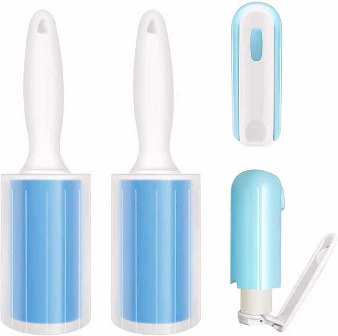 Reusable Washable Lint Roller 4 Pack, Sticky Gel Lint Rollers, Cat Dog Pet Hair Lint Remver Cleaner for Clothes, Carpet, Travel, 2 Large Roller with Dust Cover and 2 Mini Portable Small Lint Brush