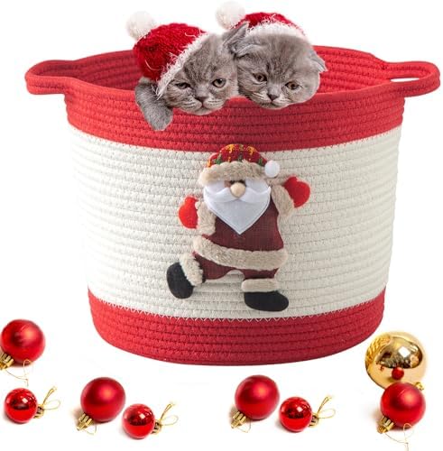 Christmas Basket with Santa Claus Doll, Woven Cotton Rope Christmas Storage Basket with Handles, Christmas Toy Baskets for Towels, Diapers, Red