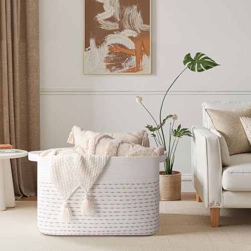 OIAHOMY 108L Extra Large Blanket Basket, 25”x16”x16” Rectangle Woven Cotton Rope Baskets for Living Room, Toy Storage with Handle- Light Yellow & White