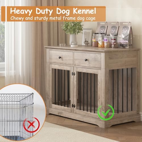 PRETZI Dog Crate Furniture, 44 Inch Wooden Dog Kennel Indoor with 2 Storage Drawers, Heavy Duty Large Crate Furniture, Decorative End Table Cage Furniture for Small/Medium/Large (Grey)