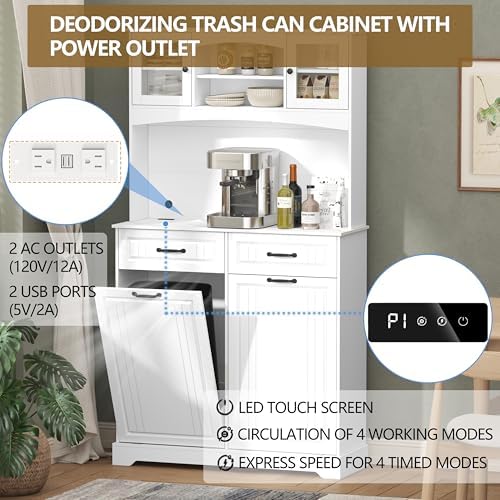 Double 13 Gallon Tilt Out Trash Can Cabinet with Deodorizing Function and Power Outlet, 71" Tall Wooden Garbage Can Holder Cabinet with 2 Storage Hutch & 2 Drawers for Kitchen and Dining Room, White