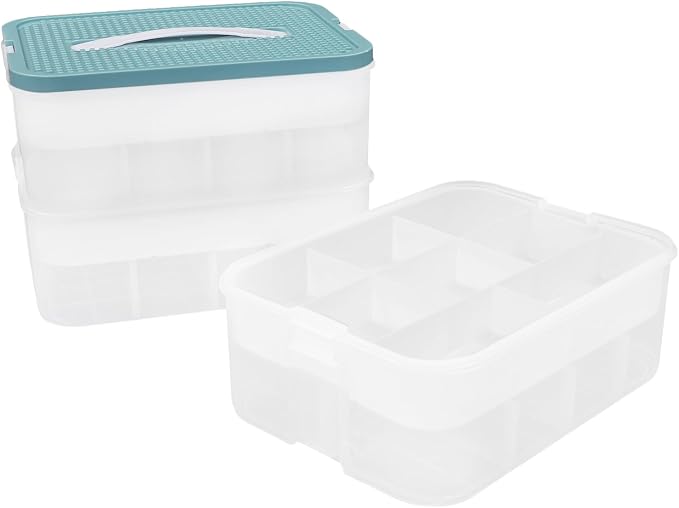 Large Stackable Storage Bins, Clear Plastic Latching Boxes with Dividers | 3-Layer Stackable Adjustable Compartments, PP and PET Material, Portable Containers w/Carry Handle for Arts & Crafts