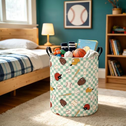Round Laundry Basket Collapsible Storage Hamper Green Grid Baseball | Waterproof Canvas Foldable Baskets with sturdy Handles Multi-scene Organizer for Home Play Bedroom Gift Bin